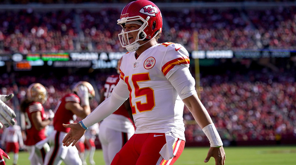 Patrick Mahomes reacts to a touchdown in a Week 7 win over the 49ers.