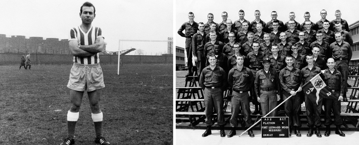 Garo Yepremian poses in a soccer uniform, and with his basic-training platoon