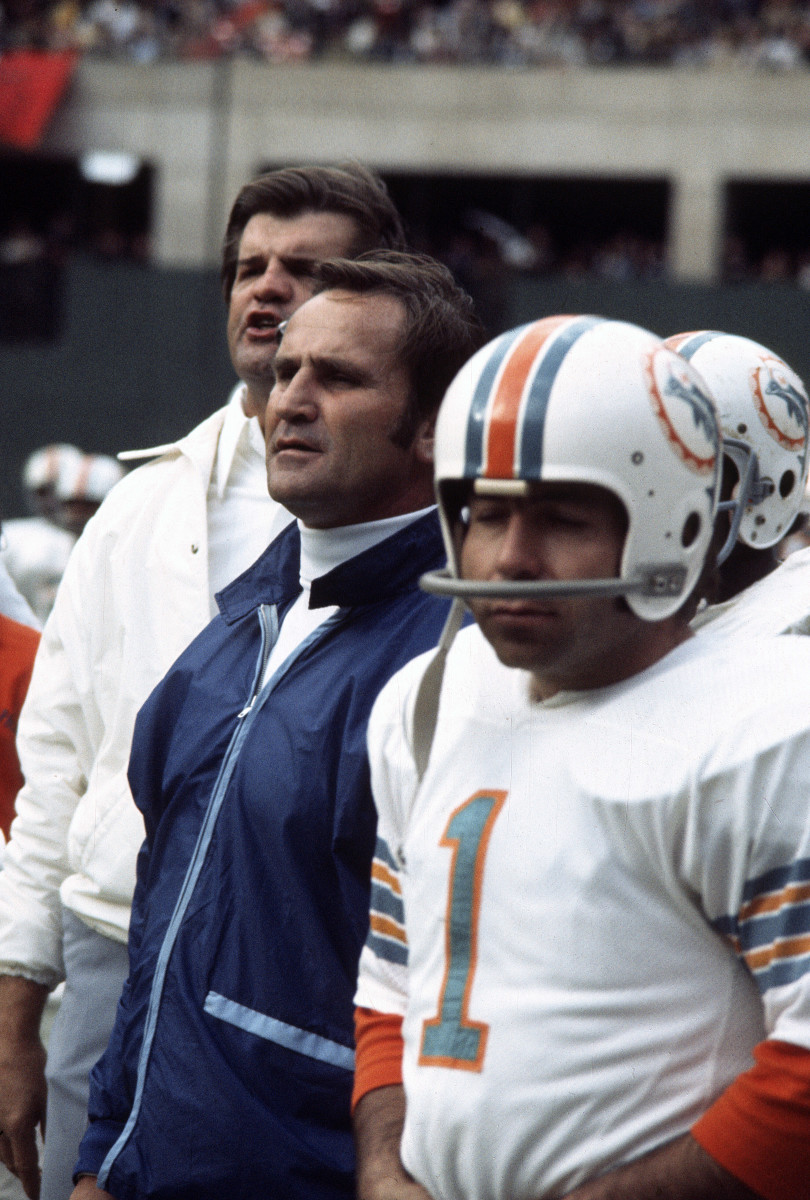 Don Shula on the sideline with Garo Yepremian in the foreground
