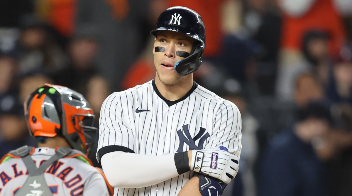 Yankees center fielder Aaron Judge reacts after striking out in Game 4 of the 2022 ALCS.