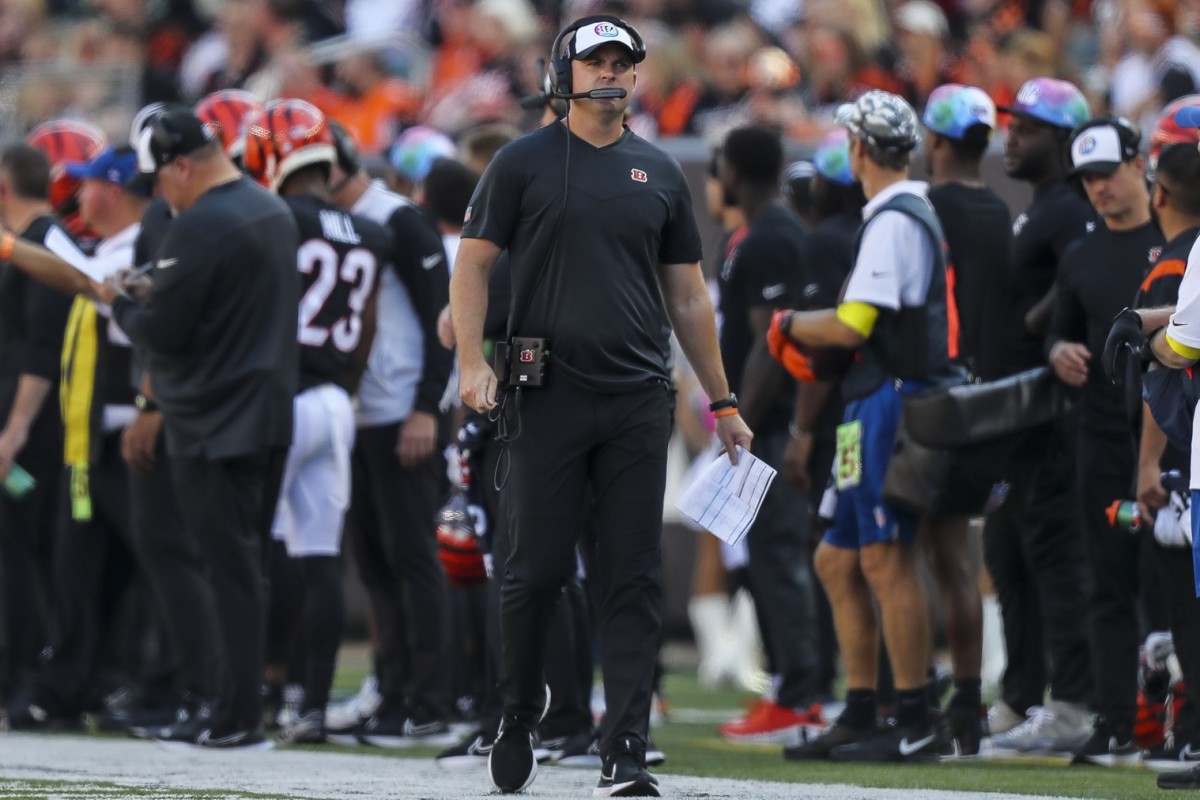Oct 23, 2022; Cincinnati, Ohio, USA; Cincinnati Bengals head coach Zac Taylor during the second half in the game against the Atlanta Falcons at Paycor Stadium. Mandatory Credit: Katie Stratman-USA TODAY Sports