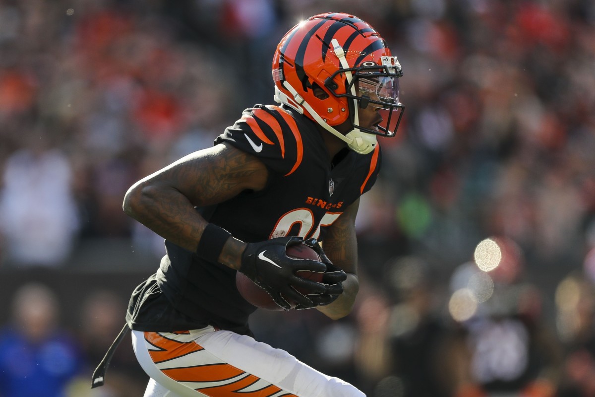 Oct 23, 2022; Cincinnati, Ohio, USA; Cincinnati Bengals wide receiver Tee Higgins (85) runs with the ball against the Atlanta Falcons in the second half at Paycor Stadium. Mandatory Credit: Katie Stratman-USA TODAY Sports