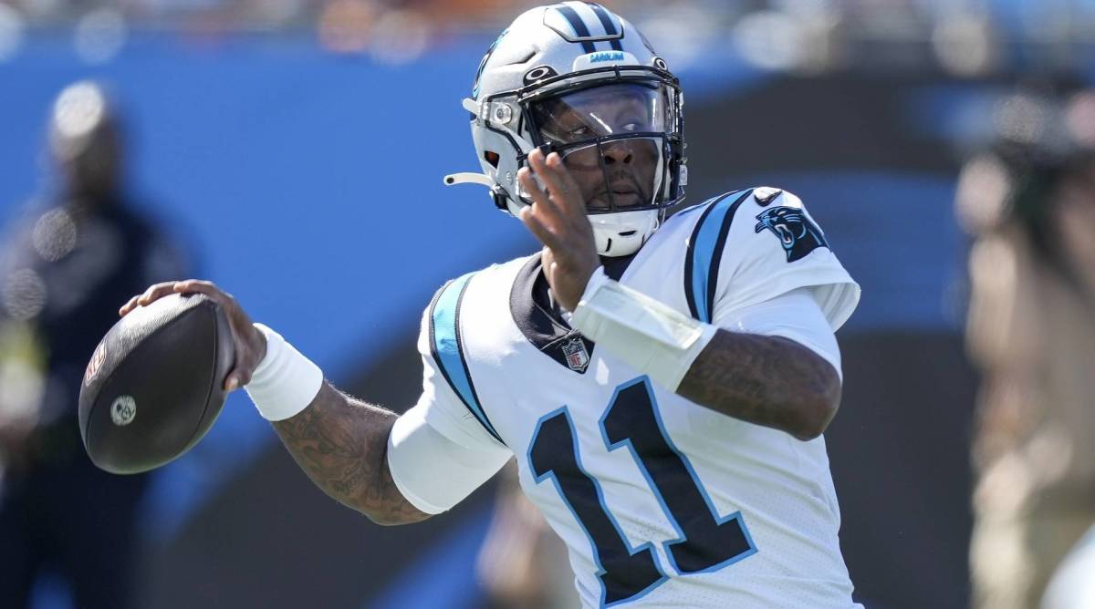 Panthers quarterback P.J. Walker throws a pass in a game vs. the Tampa Bay Buccaneers.