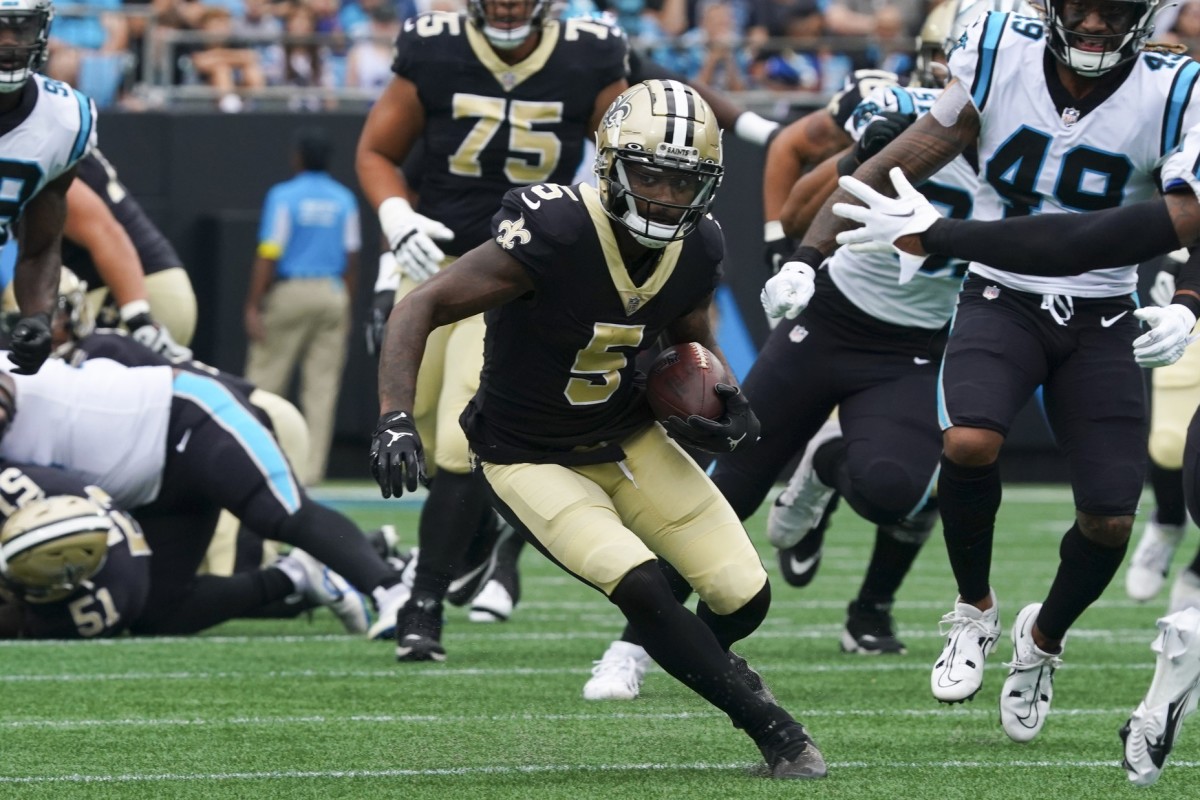 New Orleans Saints wide receiver Jarvis Landry (5) runs after a catch against the Carolina Panthers. Mandatory Credit: James Guillory-USA TODAY Sports