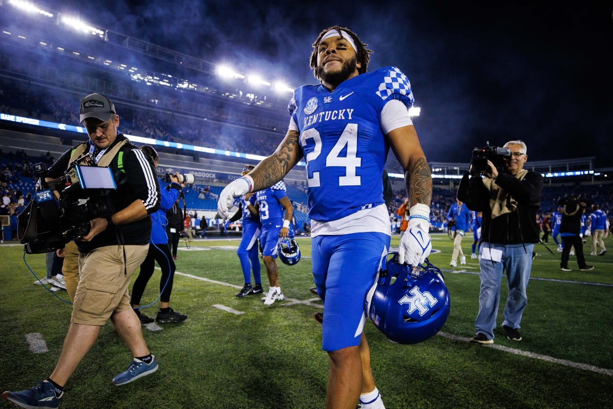 Oct 15, 2022; Lexington, Kentucky, USA; Kentucky Wildcats running back Chris Rodriguez Jr. (24) walks off the field after the game against the Mississippi State Bulldogs at Kroger Field. Mandatory Credit: Jordan Prather-USA TODAY Sports