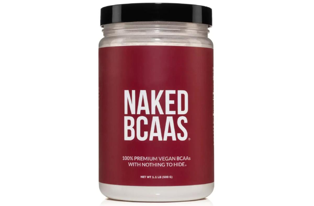 A bottle of Naked vegan BCAAs against a white background