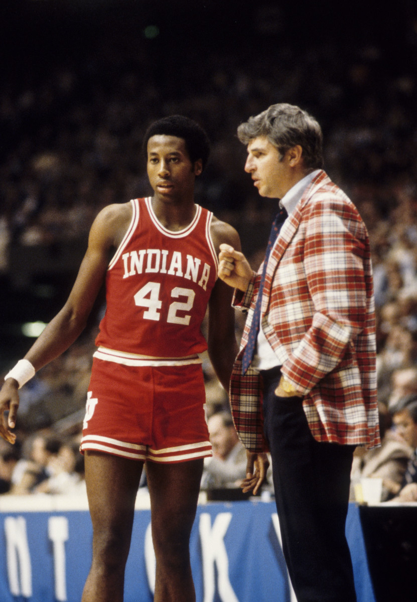 Dec 15, 1979; Lexington, KY, USA; FILE PHOTO; Indiana Hoosiers forward Mike Woodson (42) and head coach Bobby Knight talk on the sideline against the Kentucky Wildcats at Rupp Arena during the 1979-80 season.
