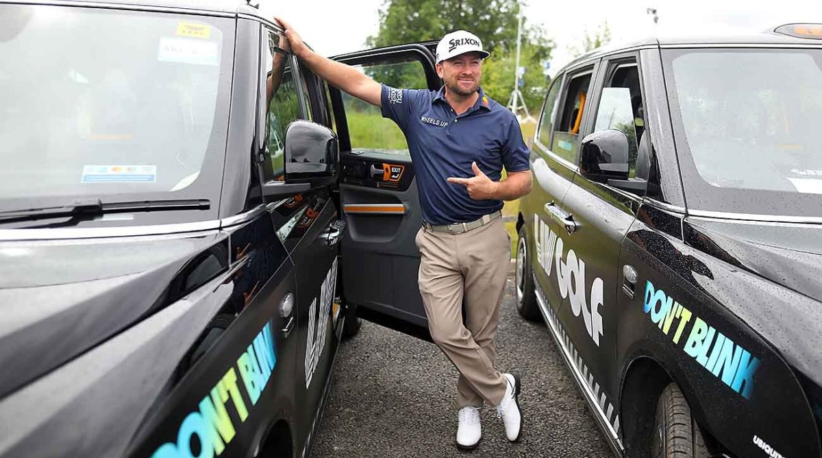 Black cabs were used at the LIV Golf opener outside London to transport golfers to starting holes, such as Northern Ireland’s Graeme McDowell.