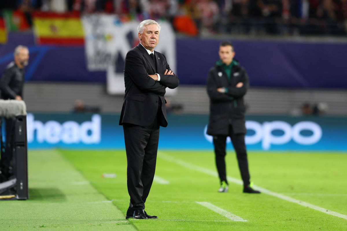 Carlo Ancelotti pictured on the touchline during Real Madrid's 3-2 loss at RB Leipzig in October 2022