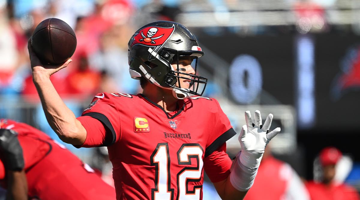 Oct 23, 2022; Charlotte, North Carolina, USA; Tampa Bay Buccaneers quarterback Tom Brady (12) looks to pass in the third quarter at Bank of America Stadium.