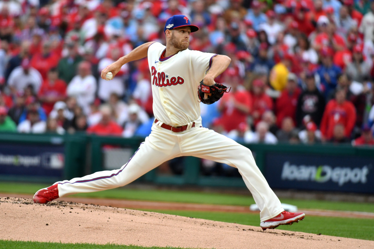 Phillies righthander Zack Wheeler pitches against the Padres in Game 5 of the NLCS at Citizens Bank Park in Philadelphia.