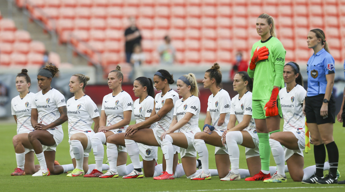 Courage players kneel during the Nation Anthem to protest the sexual manipulation that is going on within the NWSL.