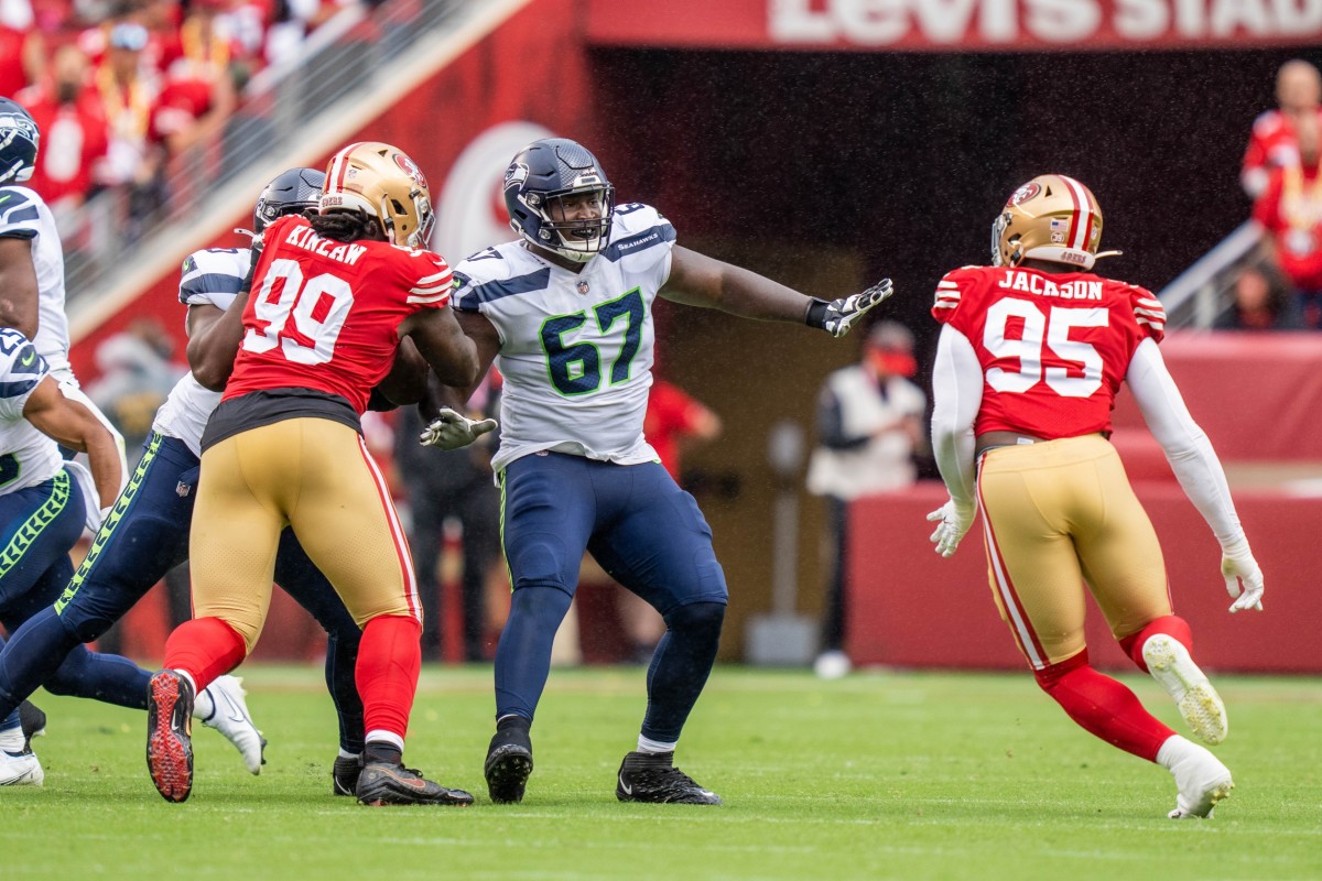 September 18, 2022; Santa Clara, California, USA; Seattle Seahawks offensive tackle Charles Cross (67) during the second quarter against the San Francisco 49ers at Levi's Stadium.