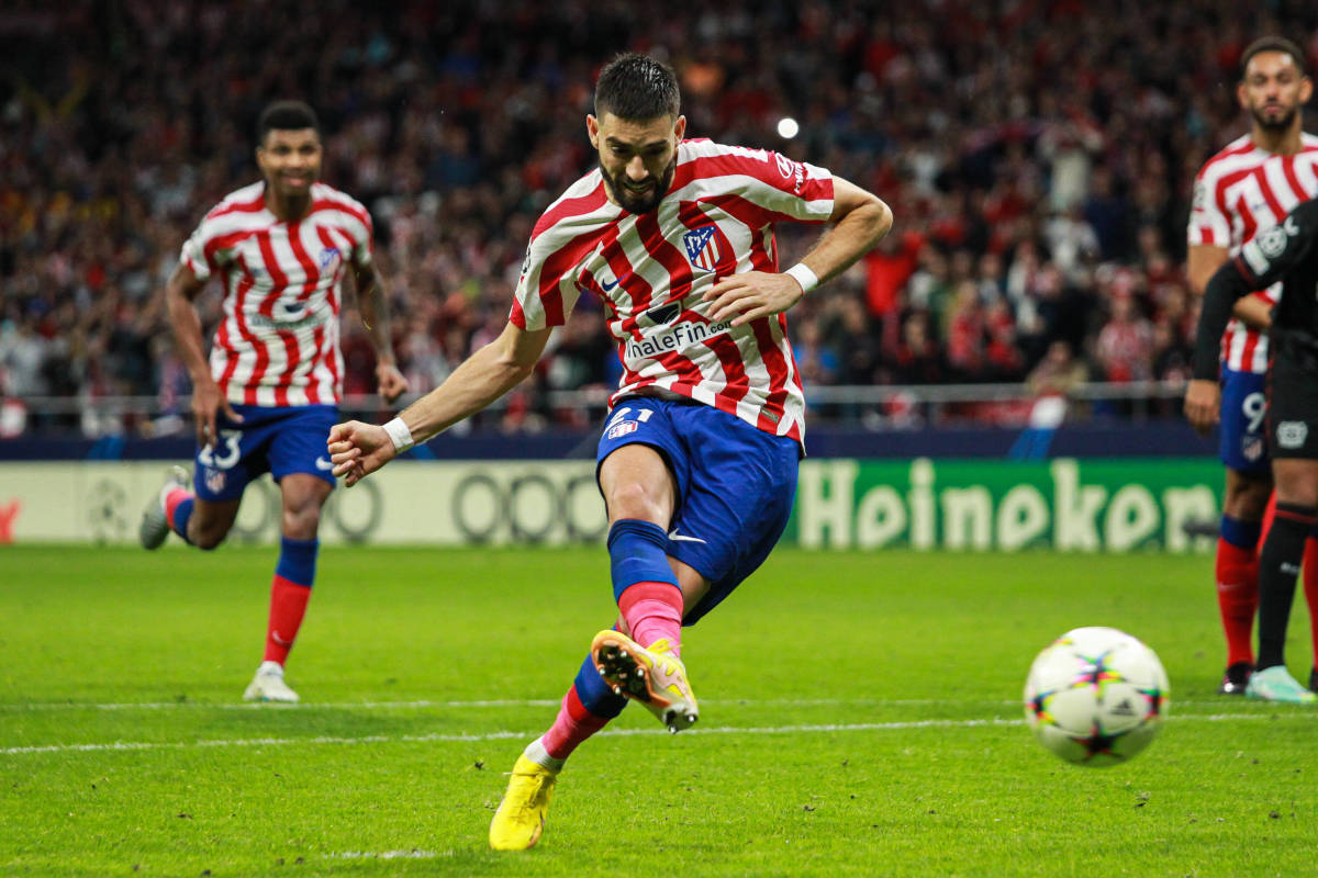 Yannick Carrasco pictured taking a penalty for Atletico Madrid against Bayer Leverkusen in a 2-2 draw in October 2022