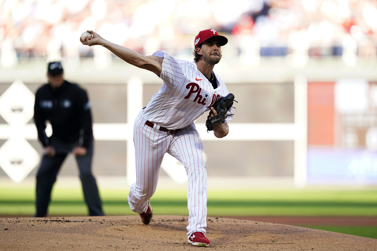 Phillies righthander Aaron Nola pitches against the Braves in the NLDS.