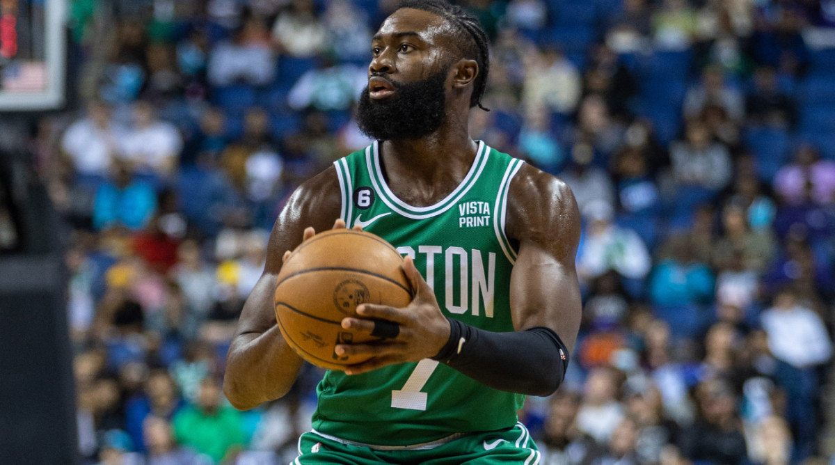 Boston Celtics guard Jaylen Brown looks to shoot against the Charlotte Hornets.