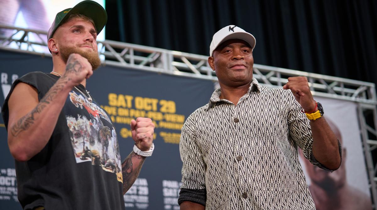 Sep 13, 2022; Glendale, Arizona, USA; Anderson Silva, right, and Jake Paul pose for a photo during a press conference at Gila River Arena.