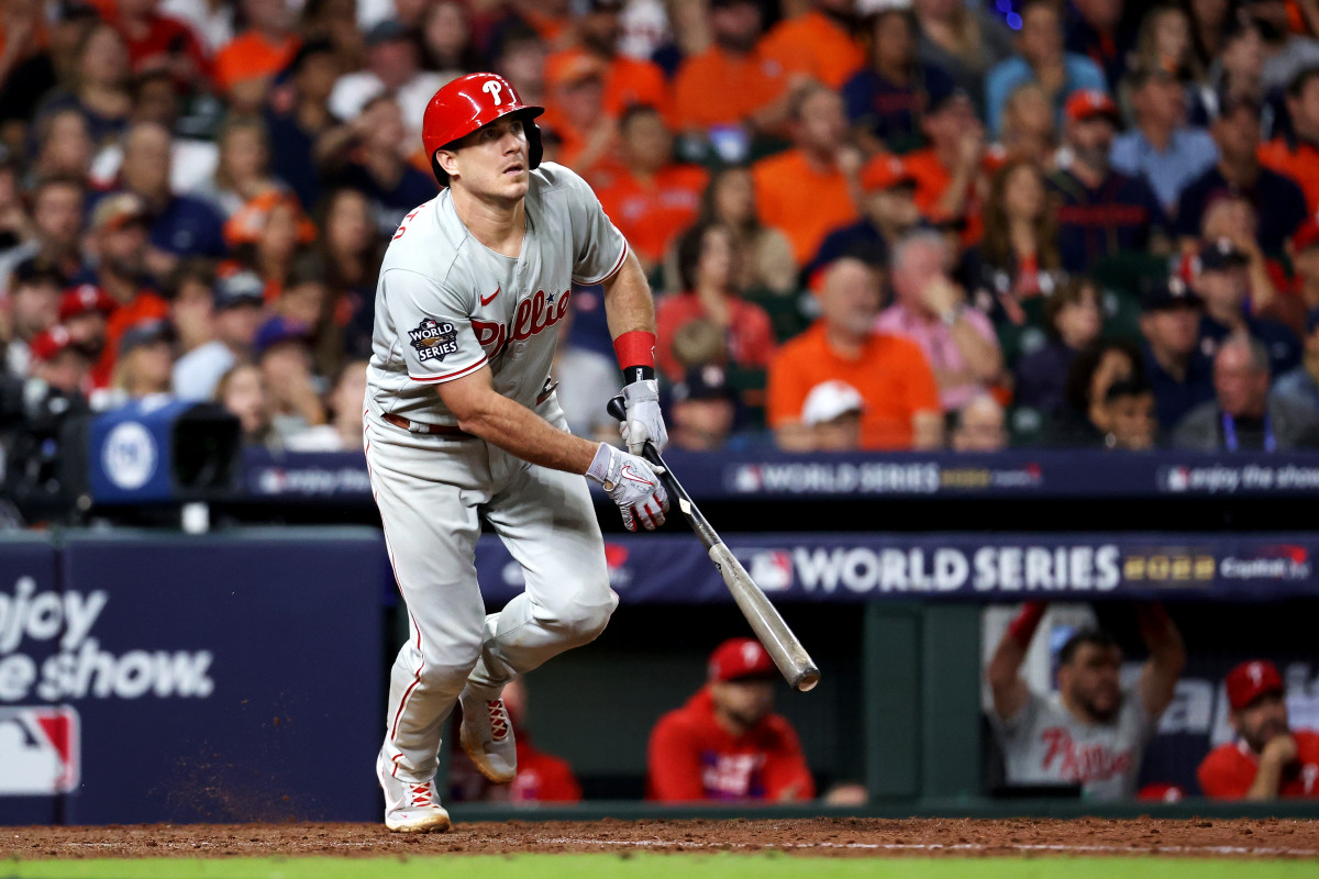 Phillies catcher J.T. Realmuto watches his solo home run in the 10th inning of Game 1 of the World Series.