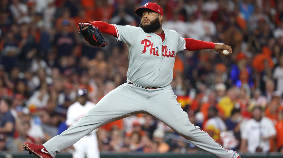 Phillies relief pitcher Jose Alvarado throws a pitch against the Houston Astros.