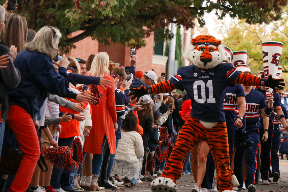 Aubie greets the fans before the Auburn vs Arkansas game.