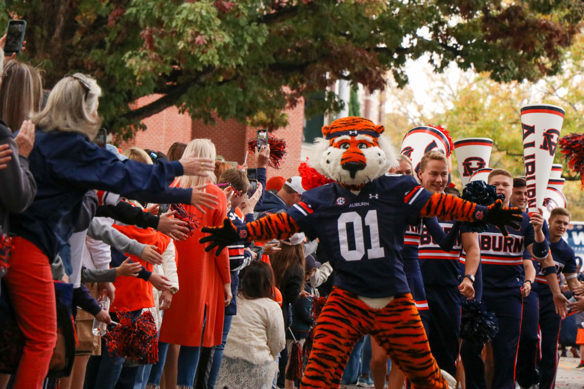 Aubie gets the crowd warmed up for the Auburn vs Arkansas game.