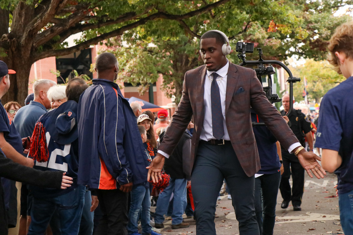 Derick Hall greets the fans at Tiger Walk.