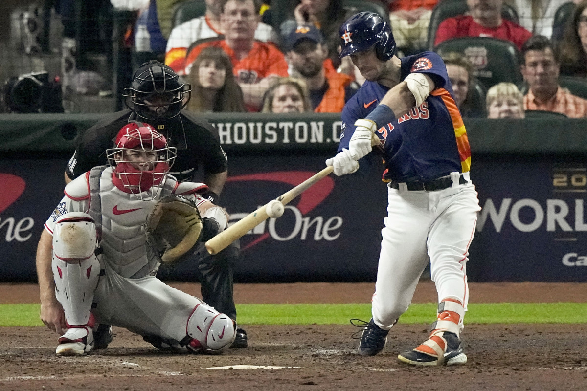 Astros third baseman Alex Bregman hits a two-run home run in the fifth inning of World Series Game 2 vs. the Phillies.