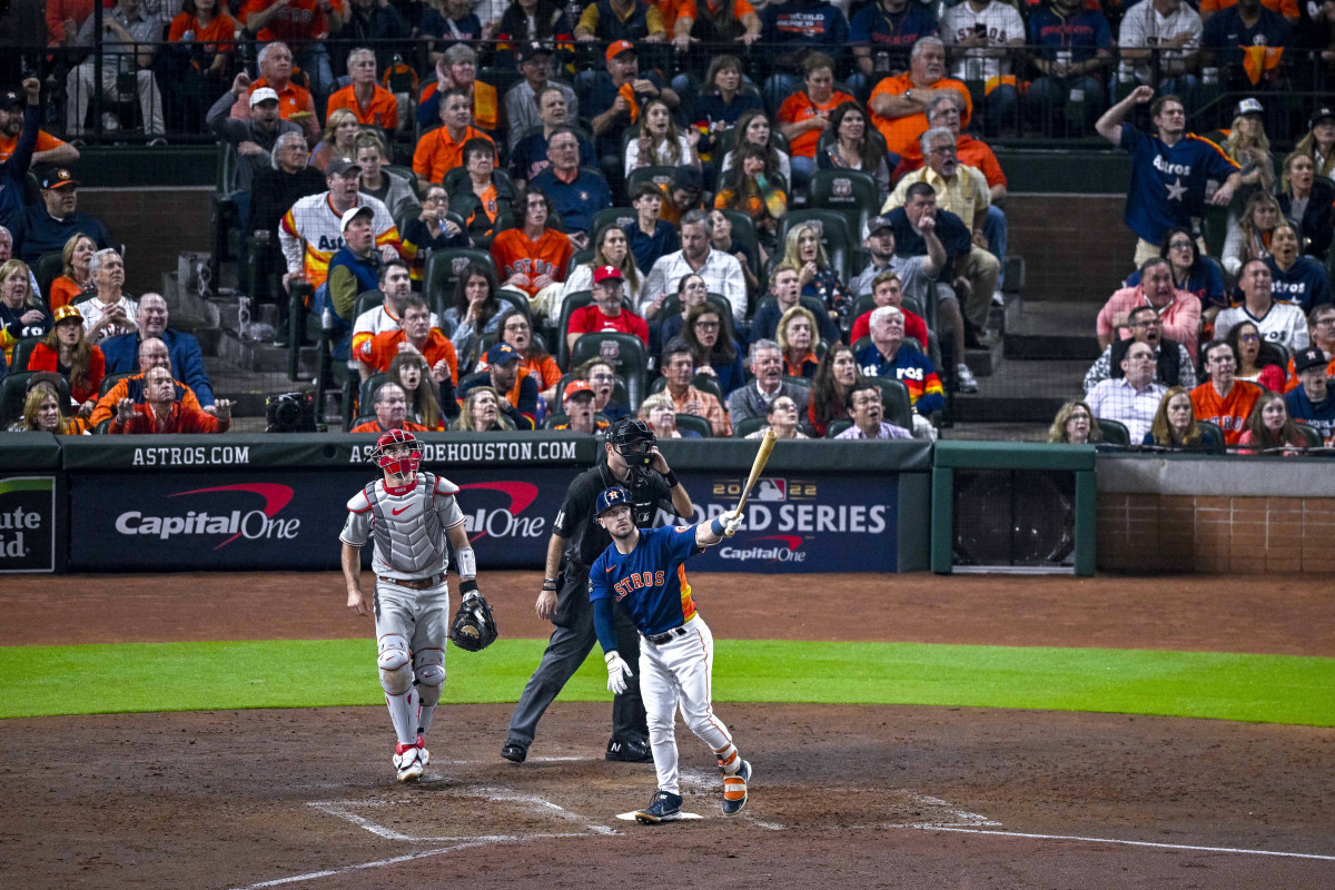 Astros third baseman Alex Bregman poses as he watches his two-run home run against the Phillies in Game 2 of the World Series.