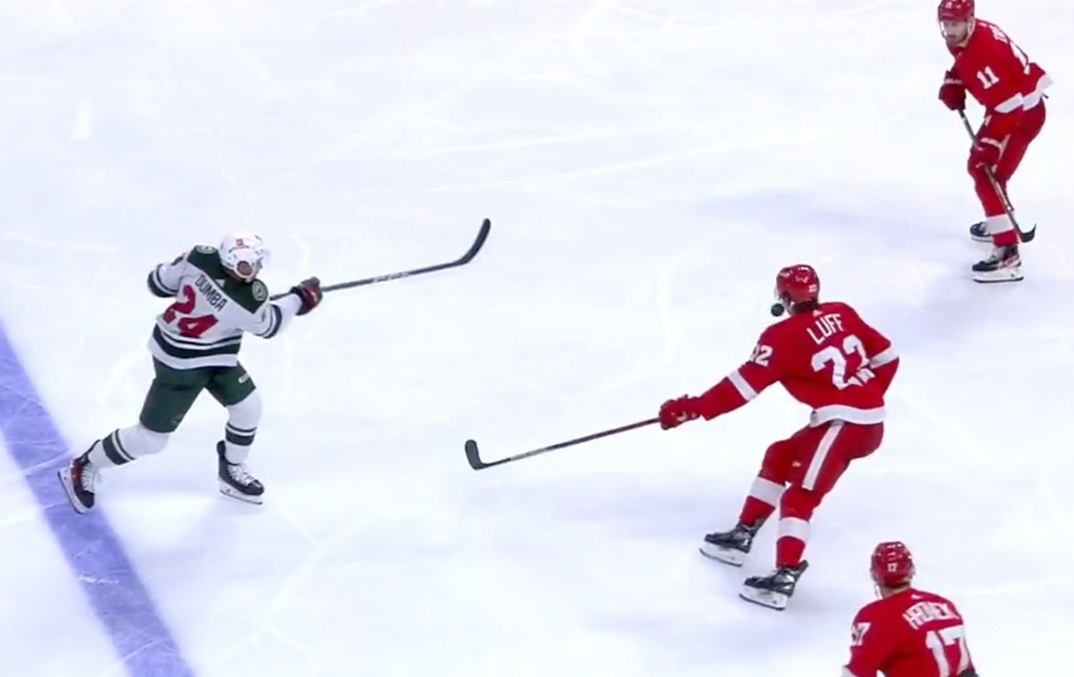Wild lose in Detroit; Matt Dumba shot hits Matt Luff in the face Wild lose in Detroit; Matt Dumba shot hits Matt Luff in the face