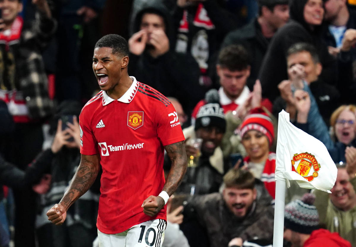 Marcus Rashford pictured after scoring his 100th goal for Manchester United in October 2022