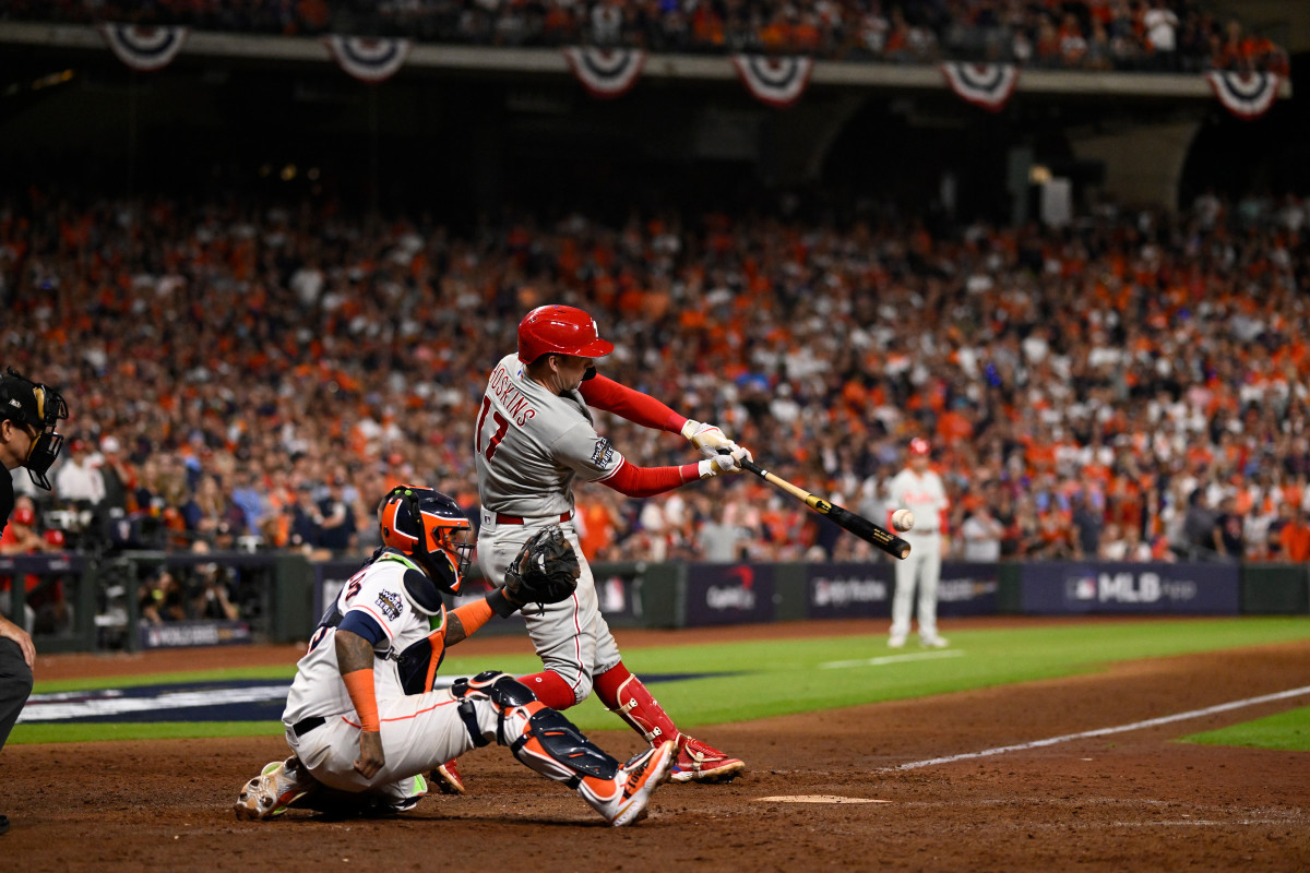 Rhys Hoskins singles off Justin Verlander in Game 1 of the 2022 World Series.