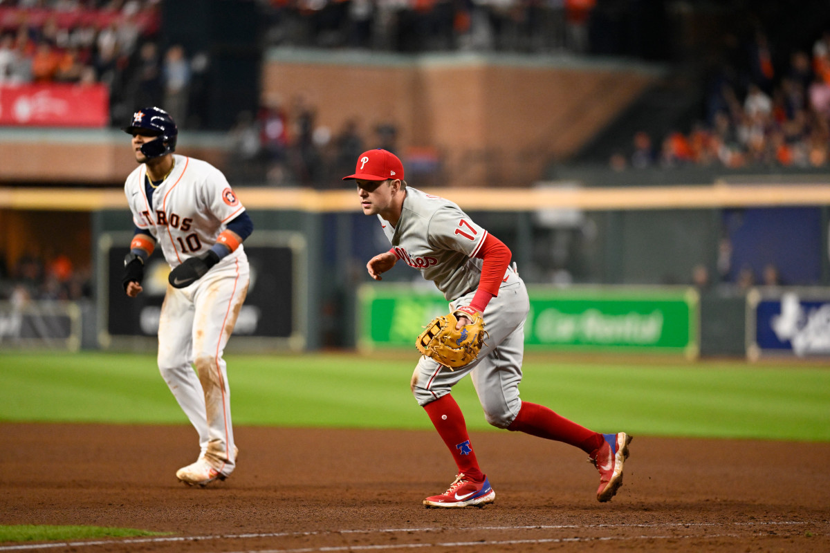 Rhys Hoskins plays first base in Game 1 of the 2022 World Series.