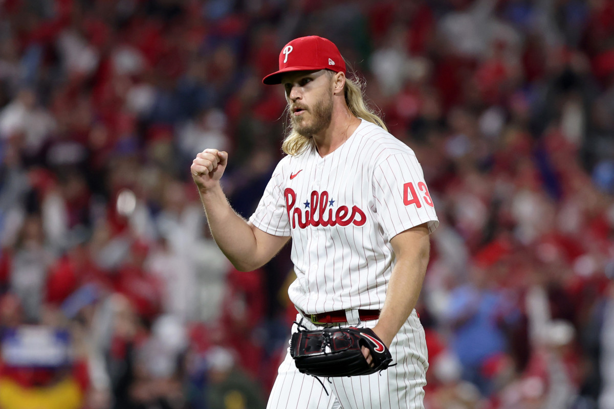 Phillies righthander Noah Syndergaard reacts after recording the third out.