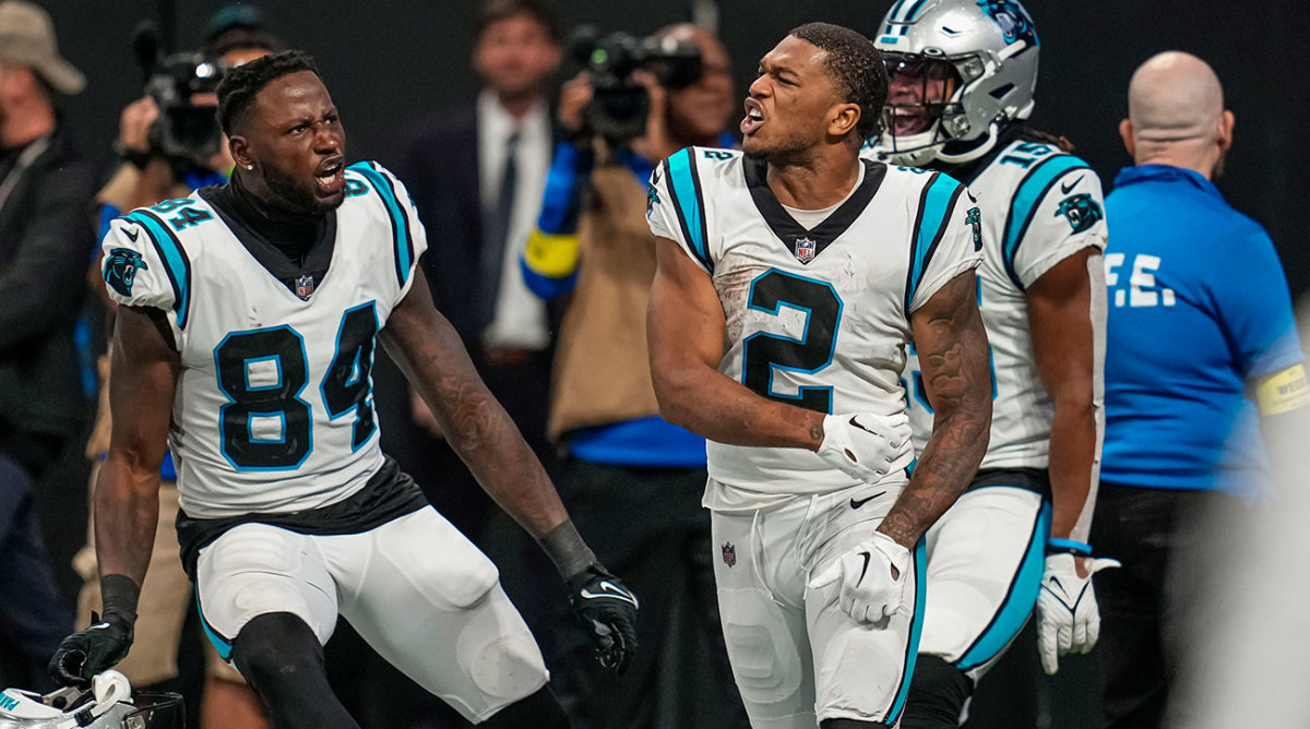 D.J. Moore celebrates after his incredible catch to the tie the Week 8 game against the Falcons.