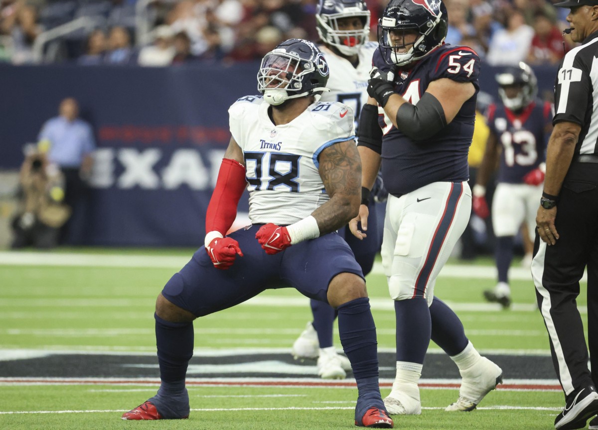 Tennessee Titans defensive tackle Jeffery Simmons (98) reacts after getting a sack against the Houston Texans during the third quarter at NRG Stadium.