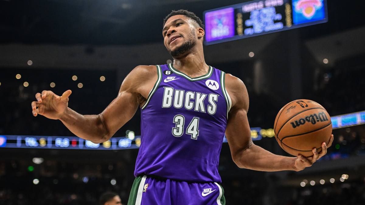 Bucks’ Giannis Antetokounmpo reacts to call from the refs.