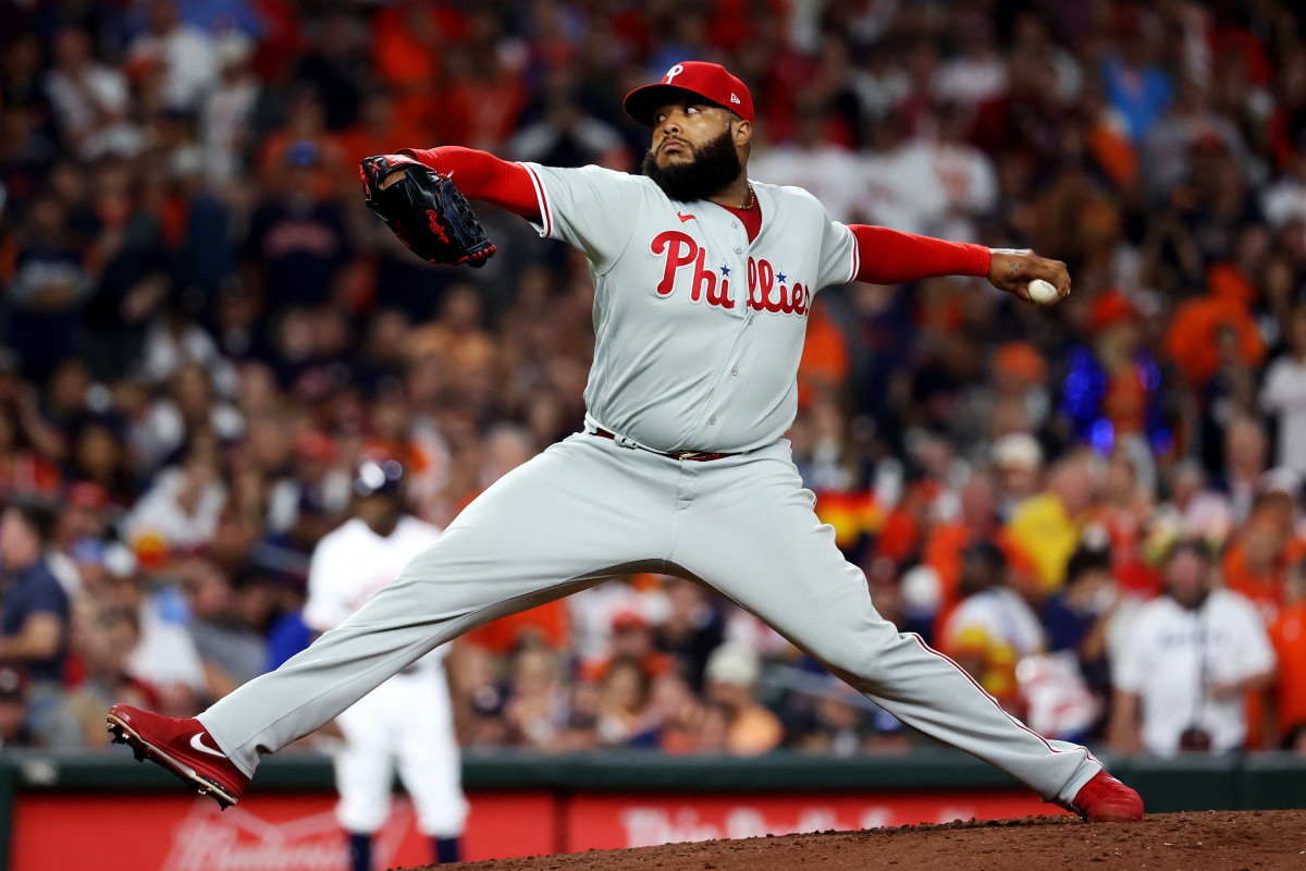 Phillies lefthander José Alvarado pitches against the Astros in Game 1 of the 2022 World Series