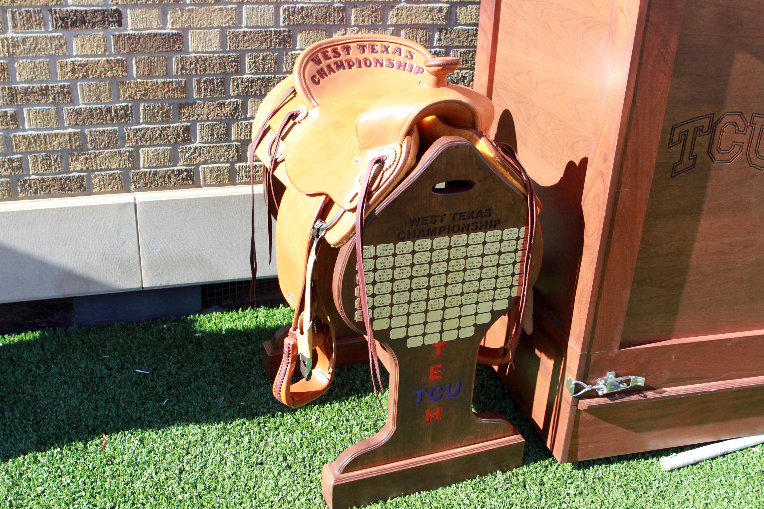 A detailed view of the West Texas Championship saddle that goes to the winner of the TCU Horned Frogs and the Texas Tech Red Raiders game at Jones AT&T Stadium.