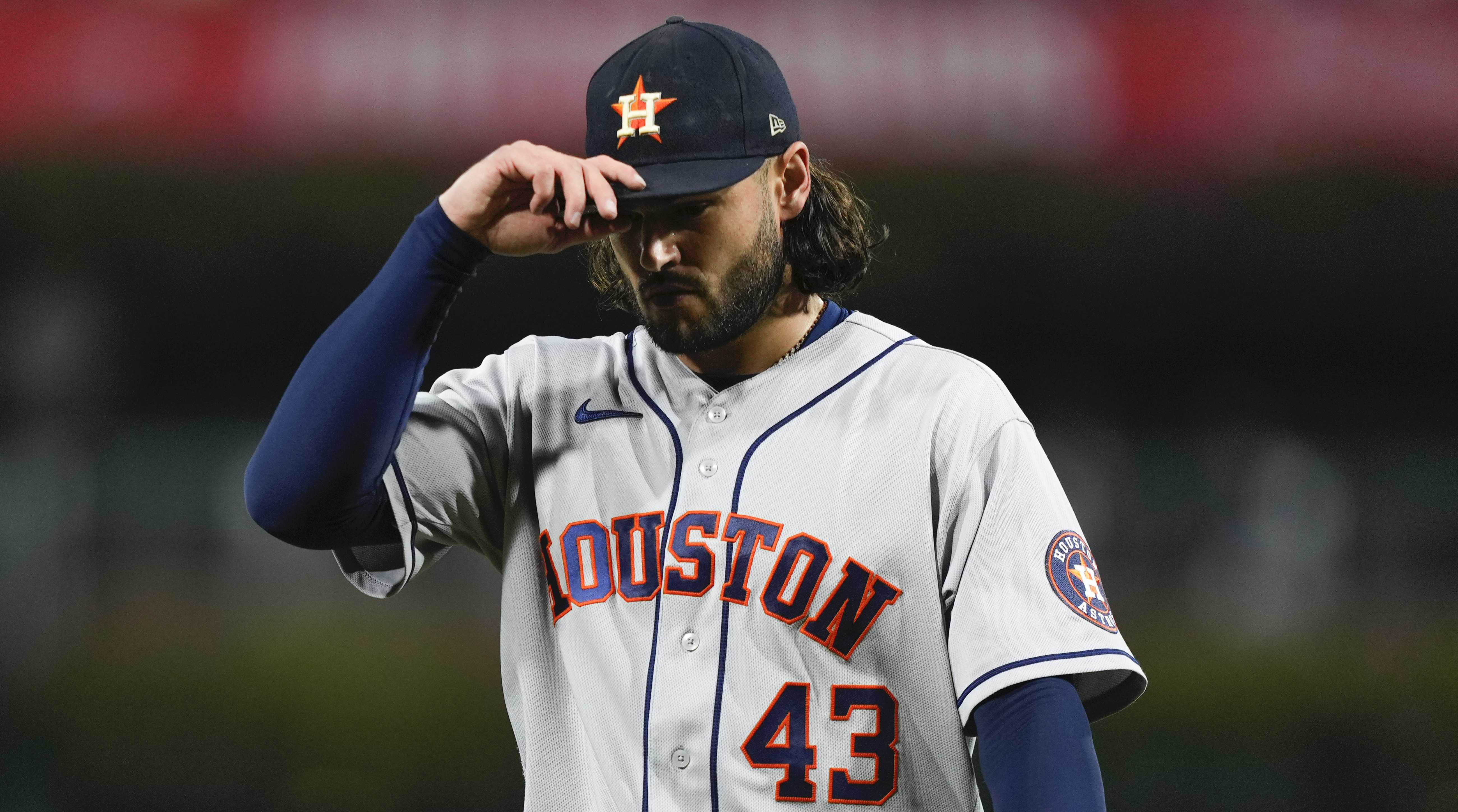 Houston Astros pitcher Lance McCullers Jr. leaves the game during the fifth inning of Game 3 of the 2022 World Series.