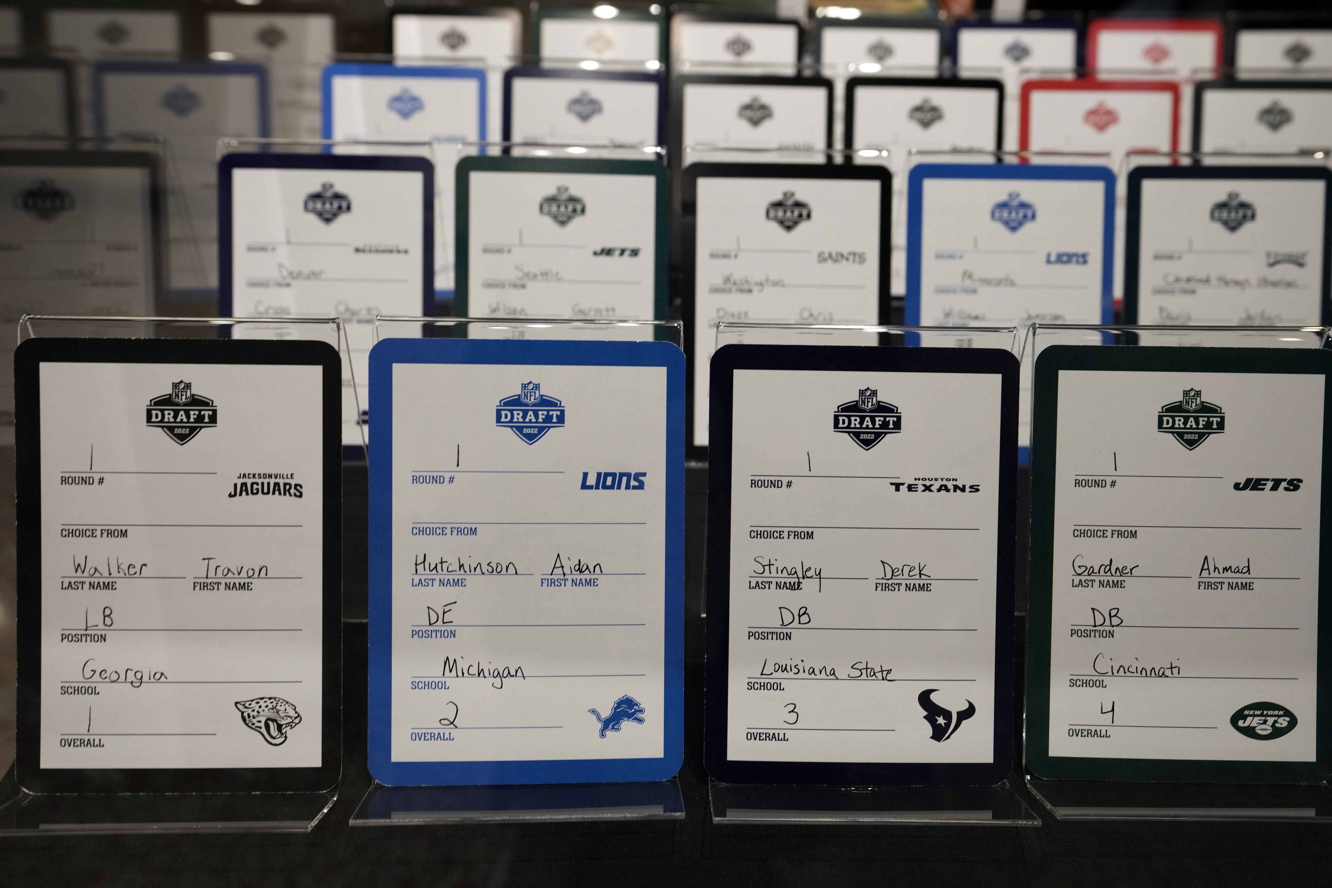 Aug 5, 2022; Canton, OH, USA; The 2022 NFL Draft cards of first-round picks Travon Walker (Jacksonville Jaguars), Aidan Hutchinson (Detroit Lions), Derek Stingley (Texans) and Ahmad Gardner (Jets) on display at the Pro Football Hall of Fame.