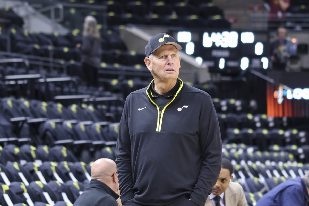 Utah Jazz CEO Danny Ainge looks on during warms ups before the game against the Houston Rockets at Vivint Arena.