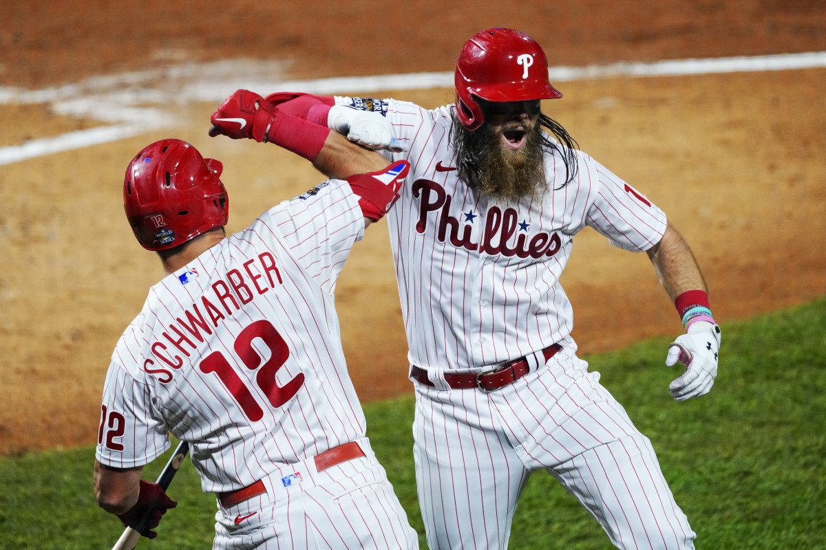 Phillies center fielder Brandon Marsh celebrates with Kyle Schwarber after hitting a home run in Game 3 of the World Series.