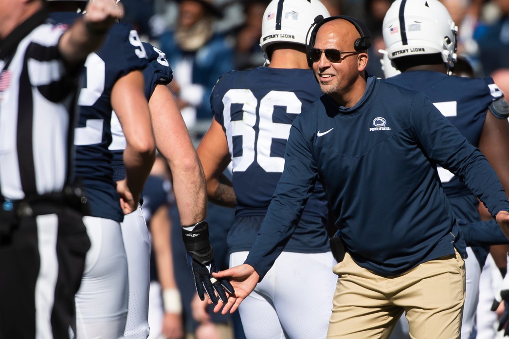 Penn State head coach James Franklin high-fives his players after the Nittany Lions scored a touchdown in the second quarter against Ohio State at Beaver Stadium on Saturday, Oct. 29, 2022, in State College. The Nittany Lions fell to the Buckeyes, 44-31. 
