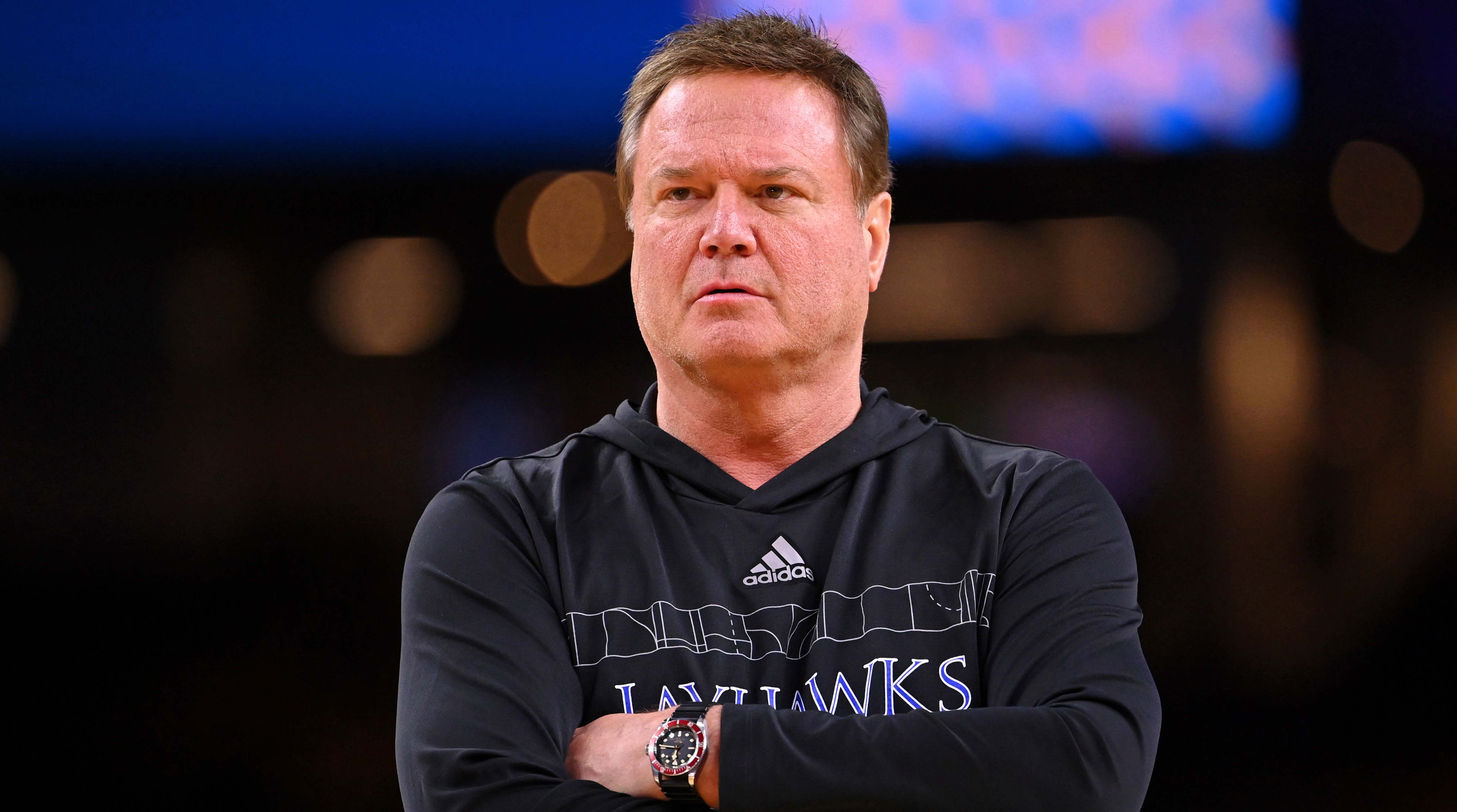 Kansas Jayhawks head coach Bill Self watches his team during a practice session.