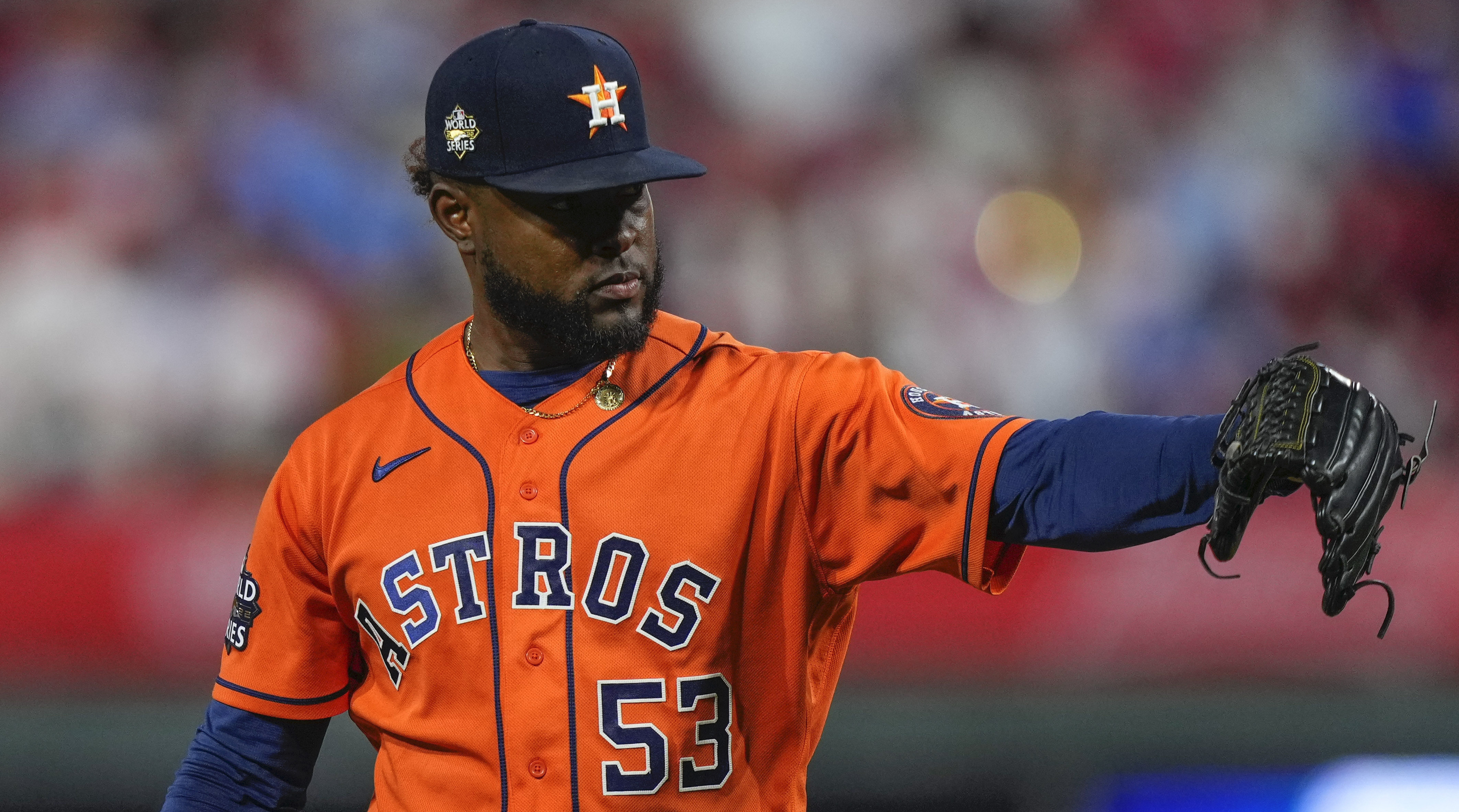 Astros pitcher Cristian Javier leaves the field after completing six no-hit innings in Game 4 of the 2022 World Series.