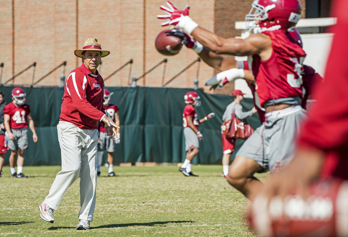 Nick Saban during his first practice with Alabama.