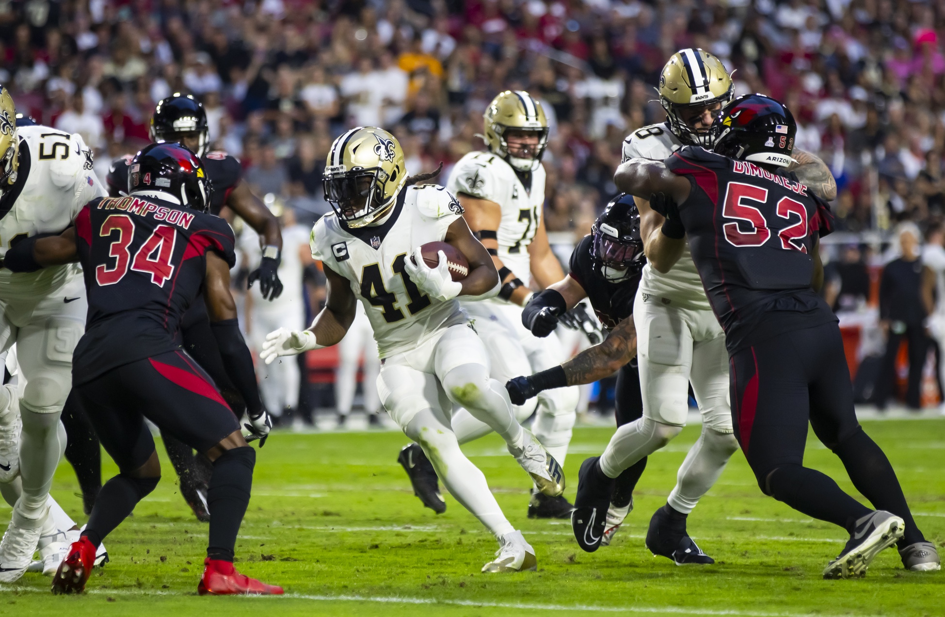New Orleans Saints running back Alvin Kamara (41) against the Arizona Cardinals. Mandatory Credit: Mark J. Rebilas-USA TODAY Sports
