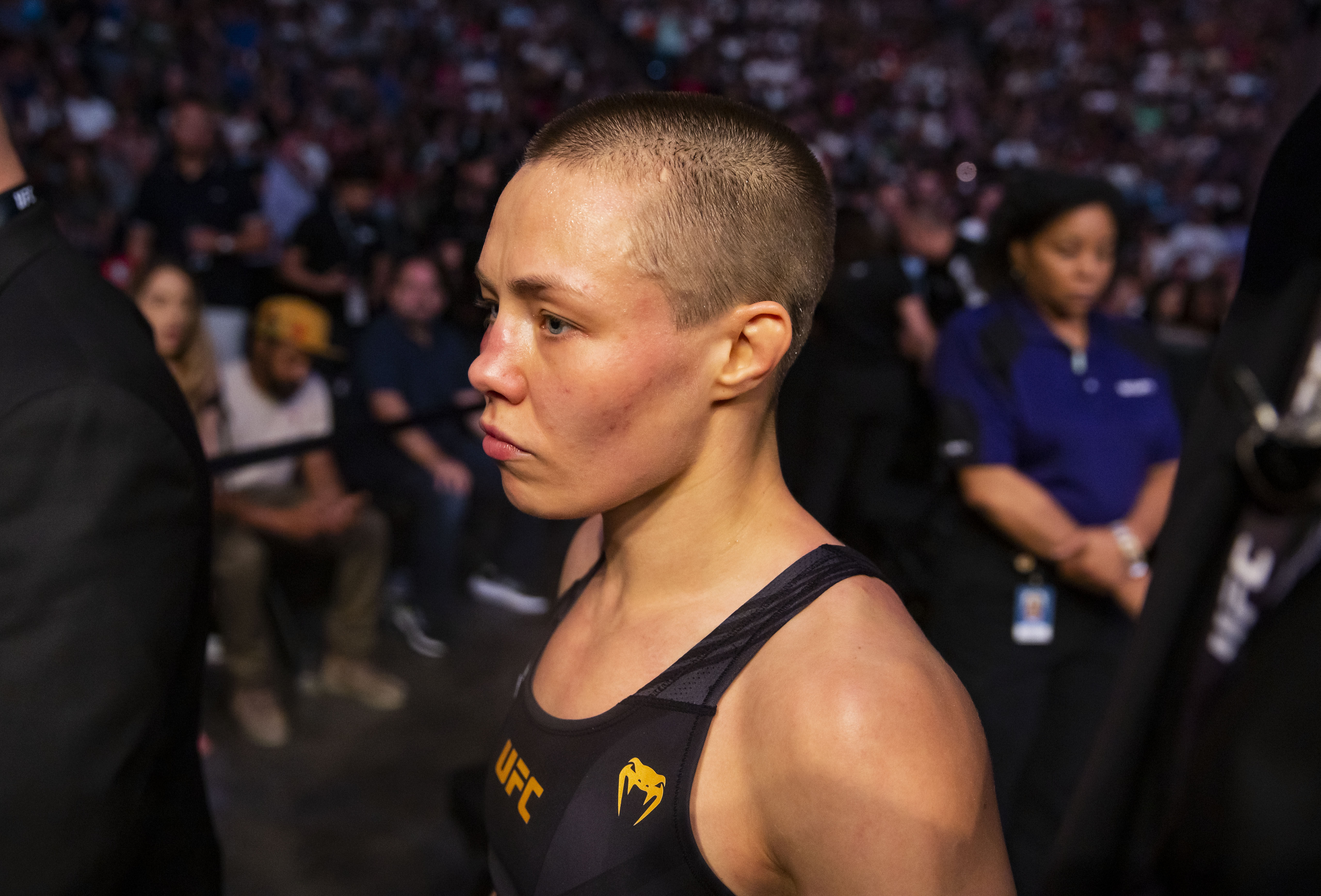 Rose Namajunas reacts during UFC 274 at Footprint Center.