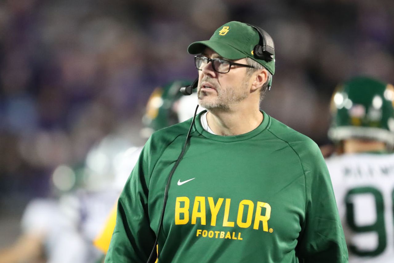 MANHATTAN, KS - NOVEMBER 20: Baylor Bears offensive coordinator Jeff Grimes during a Big 12 football game between the Baylor Bears and Kansas State Wildcats on Nov 20, 2021 at Bill Snyder Family Stadium in Manhattan, KS. (Photo by Scott Winters/Icon Sportswire) (Icon Sportswire via AP Images)