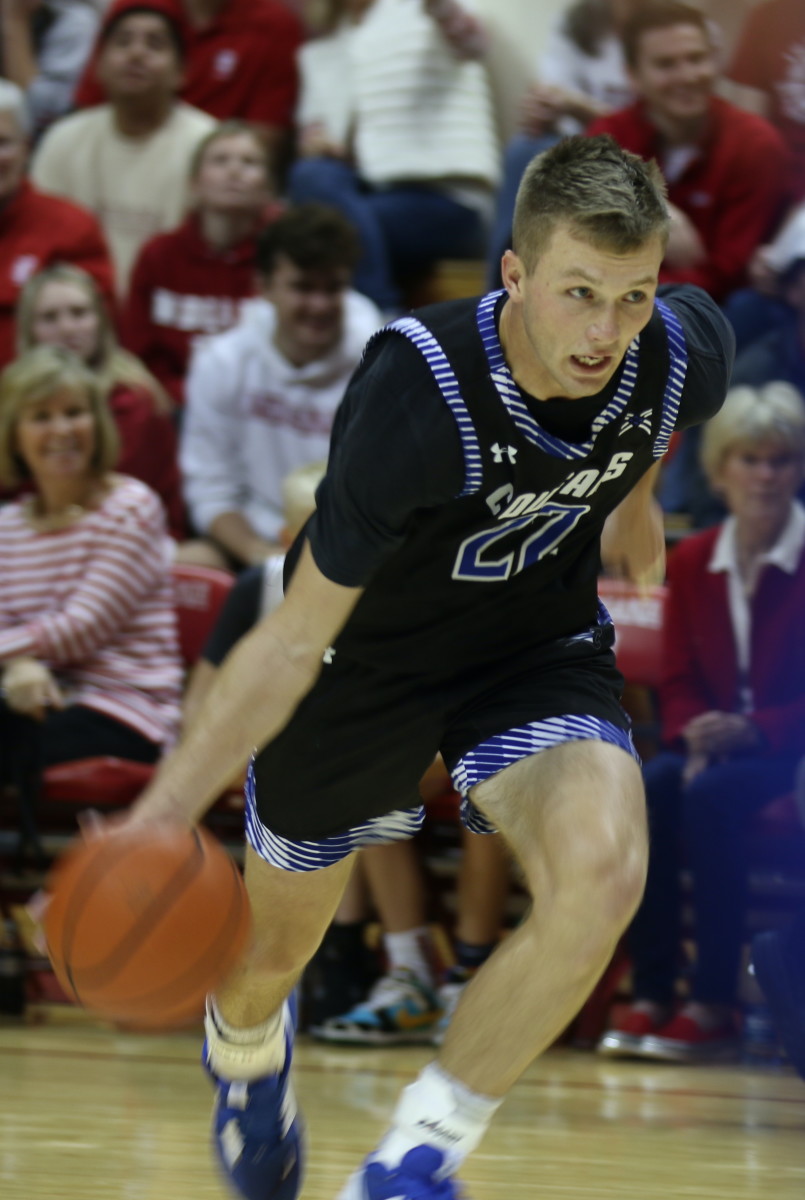 Saint Francis' Brayton Bailey dribbles the ball upcourt during Thursday's exhibition game against Indiana. (Photo courtesy of Charlie Mager/Saint Francis)